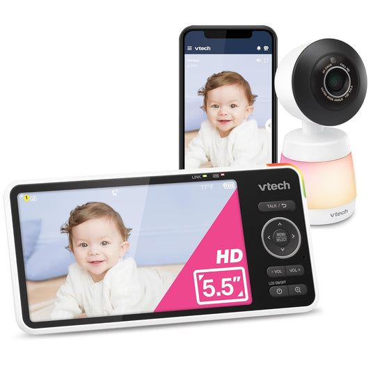 VTech Smart WiFi Baby Monitor, 2K CMOS Sensor Camera, 5.5-inch HD IPS Screen, Clear Infrared Night Vision, Pan-Tilt, 24x Zoom, 2-Way Talk, Multi-Color Night Light, Soothing, Free App: Smart HD Plus