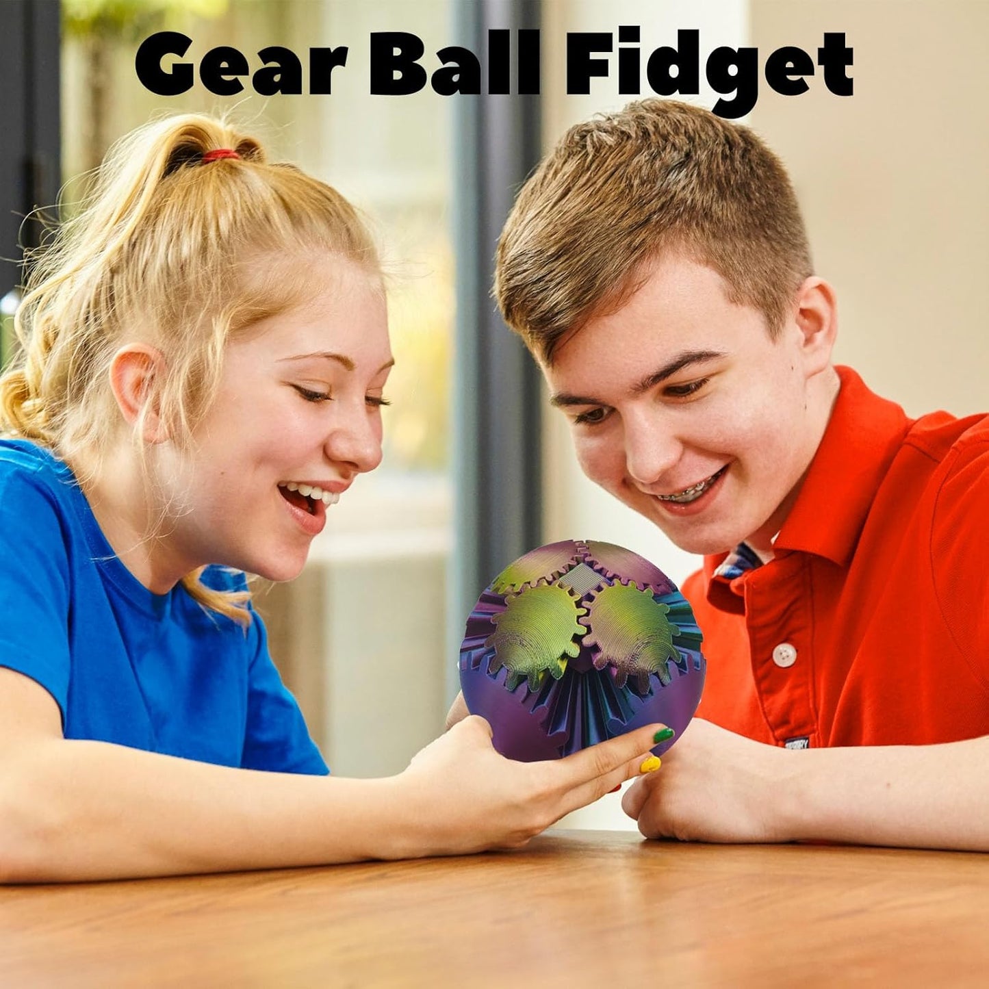 3D Printed Gear Ball Spin Ball, 4inch Large Gear Ball Fidget Toy, Gear Sphere Cube Puzzle, Gearball Fidget Desk Toy, Gearsphere Steampunk Whirling Wonder Fidget Stress Ball (Red Blue Green)