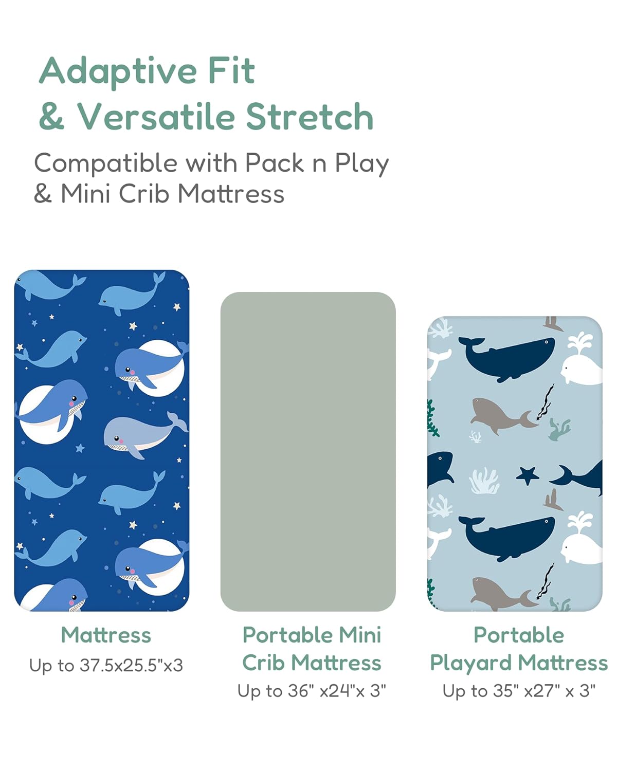 Pack and Play Sheets Fitted, Navy Whale+Blue, Ultra Soft, Breathable and Cozy, Hypoallergenic, 2 Pack for Baby Boys and Girls