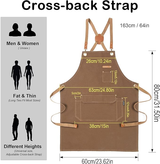 Chef Apron for Men Women with Gift Box Pack, Cross Back Apron with Pockets for Kitchen Cooking Baking Artist Painting, Cotton Canvas Work Aprons for Shop, Garden, Restaurant, Cafe (Brown, M to XXL)