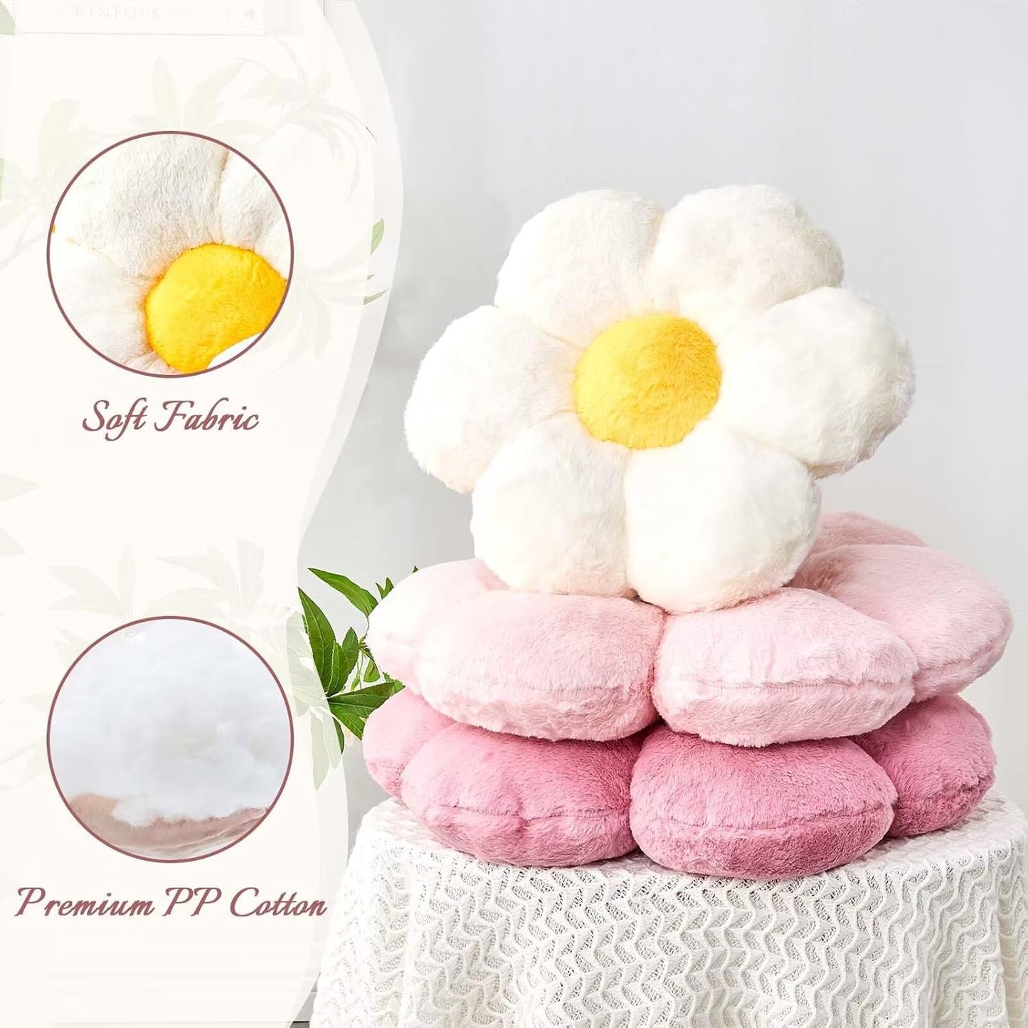 White Flower Pillow, 17.7" Flower Shaped Plush Decorative Throw Pillow for Bed