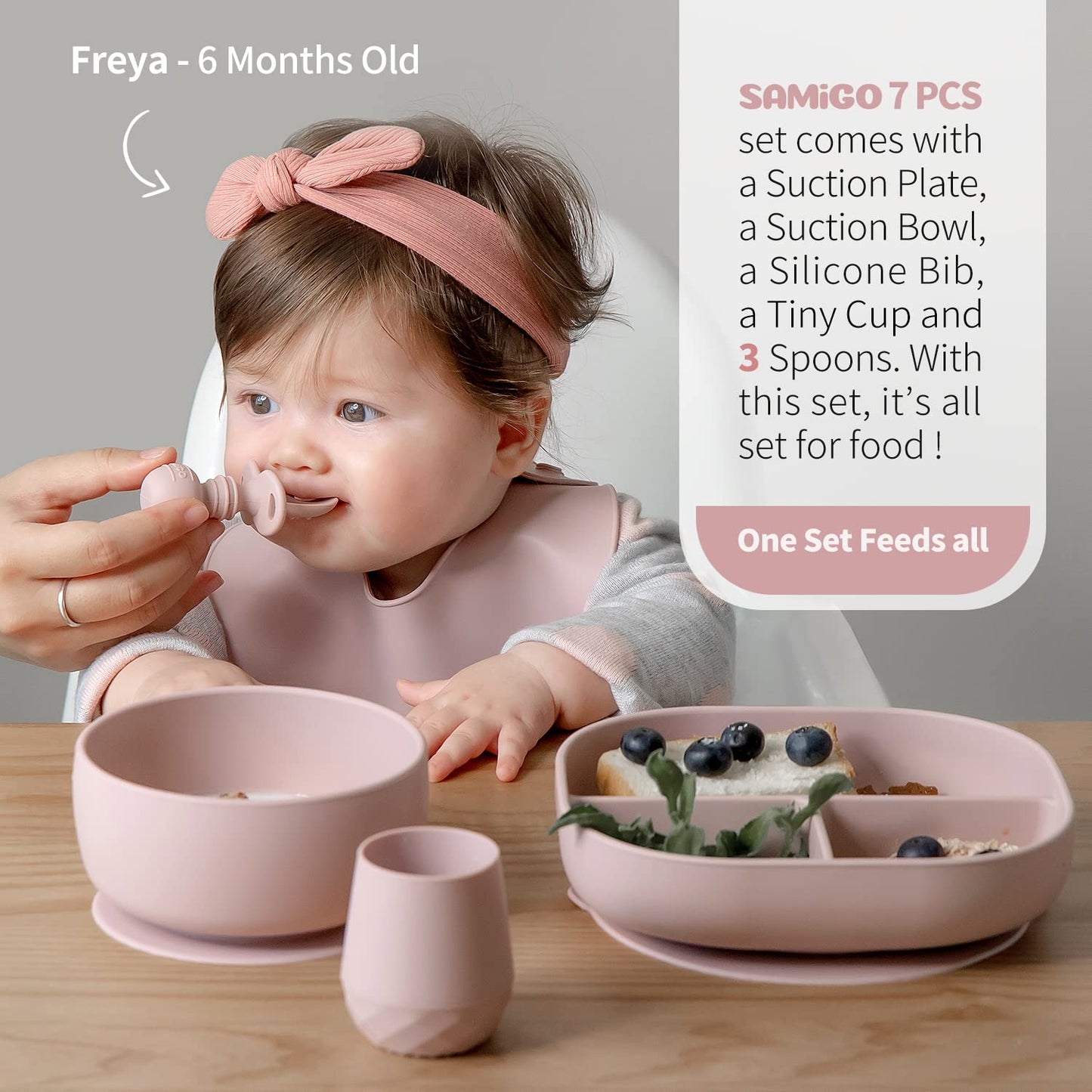 SAMiGO Silicone Baby Feeding Set, Baby Led Weaning Supplies, Suction Bowl Plate Bib Cup Self Feeding Spoons, Solid Food Eating Essentials, First Stage Utensils, 6+ Months