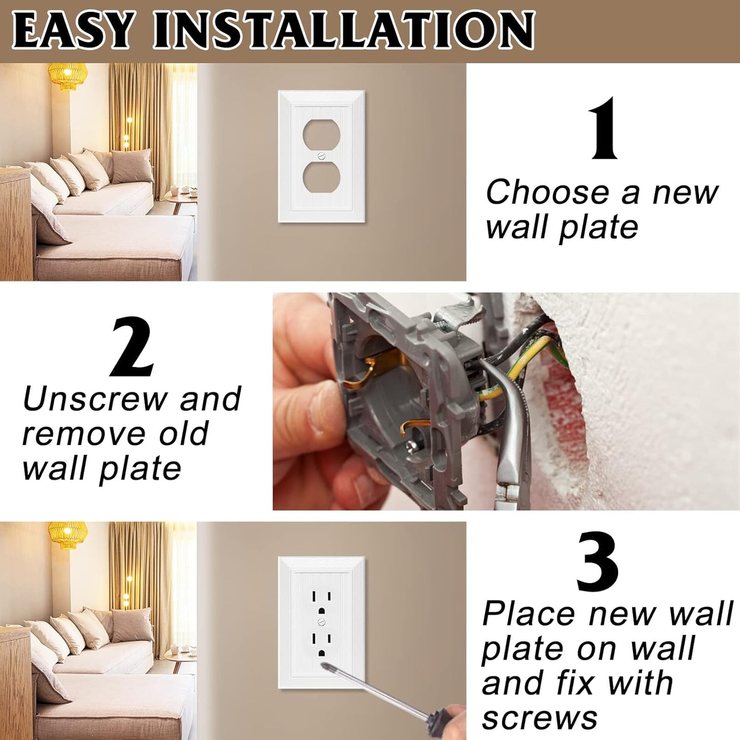 Modern Decorative Wall Plate Switch Plate Outlet Cover, Vintage Retro Wood Grain Design(Single Duplex-4 Pack, White)