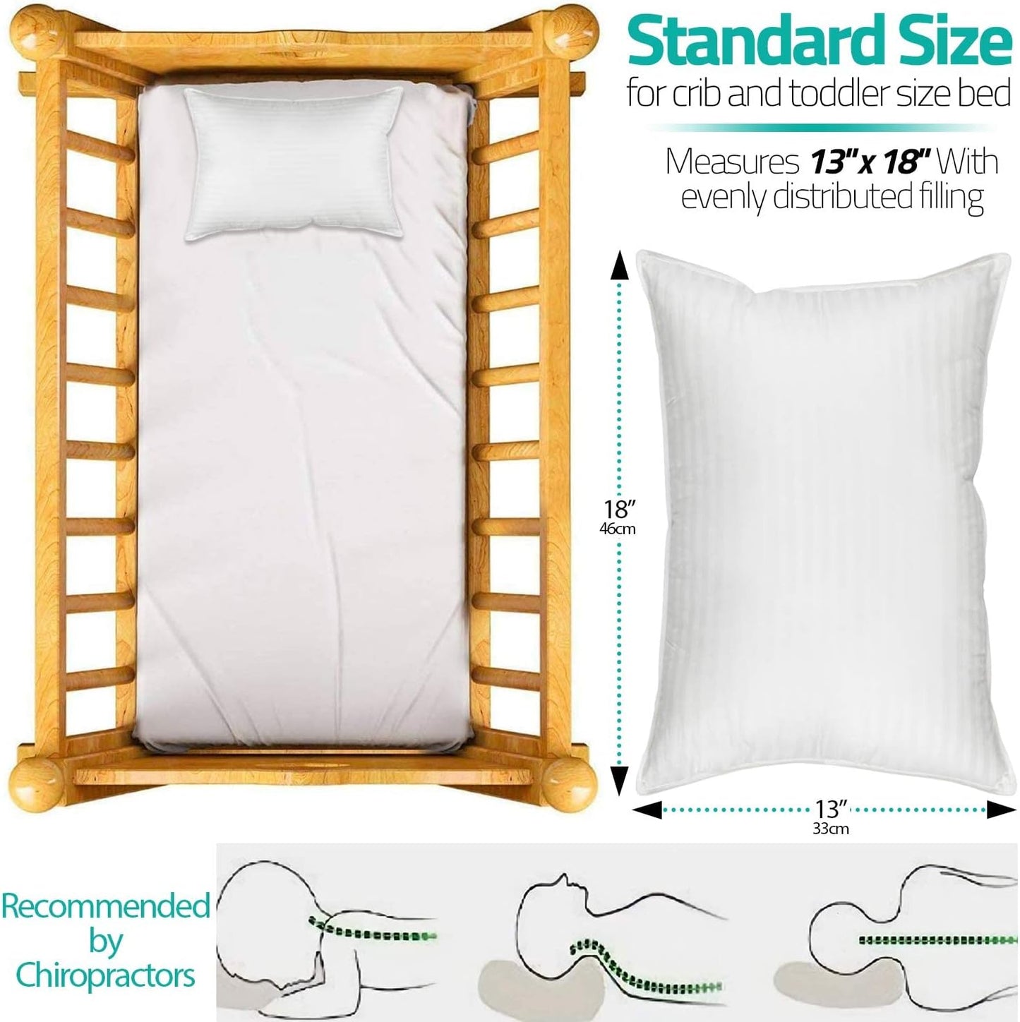 kinder Fluff Toddler Pillows (2pk) - The only Pillow for Kids 300T Cotton Shell & Down Alternative Fill - Machine Washable, Ideal Cushion for Kids Above 2 Years (13x18in - White)