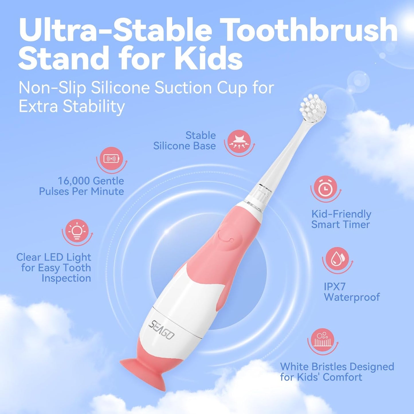 Toddler Electric Toothbrush, Soft Bristles, Colorful LED Light for Easy Checkups, Makes Brushing Fun, 2-Minute Timer for Proper Brushing, Cute Design, IPX7 Waterproof, Includes AAA Battery (Pink)