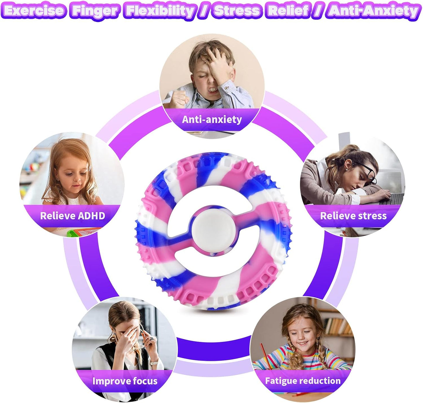 2Pcs Fidget Spinners,Squeeze Round Grip Ring Toy，Multi-Color Silicone Stress Relief Decompression Fingertip Spinner Gift for Kids, Sensory Bath Toys for 3-14 Year Old