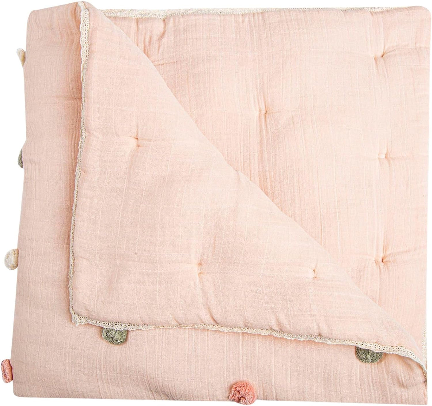 Crane Baby Soft Cotton Muslin Nursery Blanket with Pom Pom Trim, 36" X 36", Stroller Blanket for Girls, Pink Nursery Decor, for Girls, 100% Cotton, Polka Dot