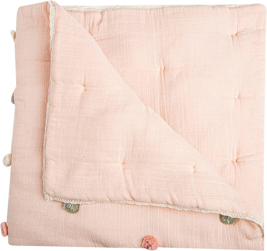 Crane Baby Soft Cotton Muslin Nursery Blanket with Pom Pom Trim, 36" X 36", Stroller Blanket for Girls, Pink Nursery Decor, for Girls, 100% Cotton, Polka Dot