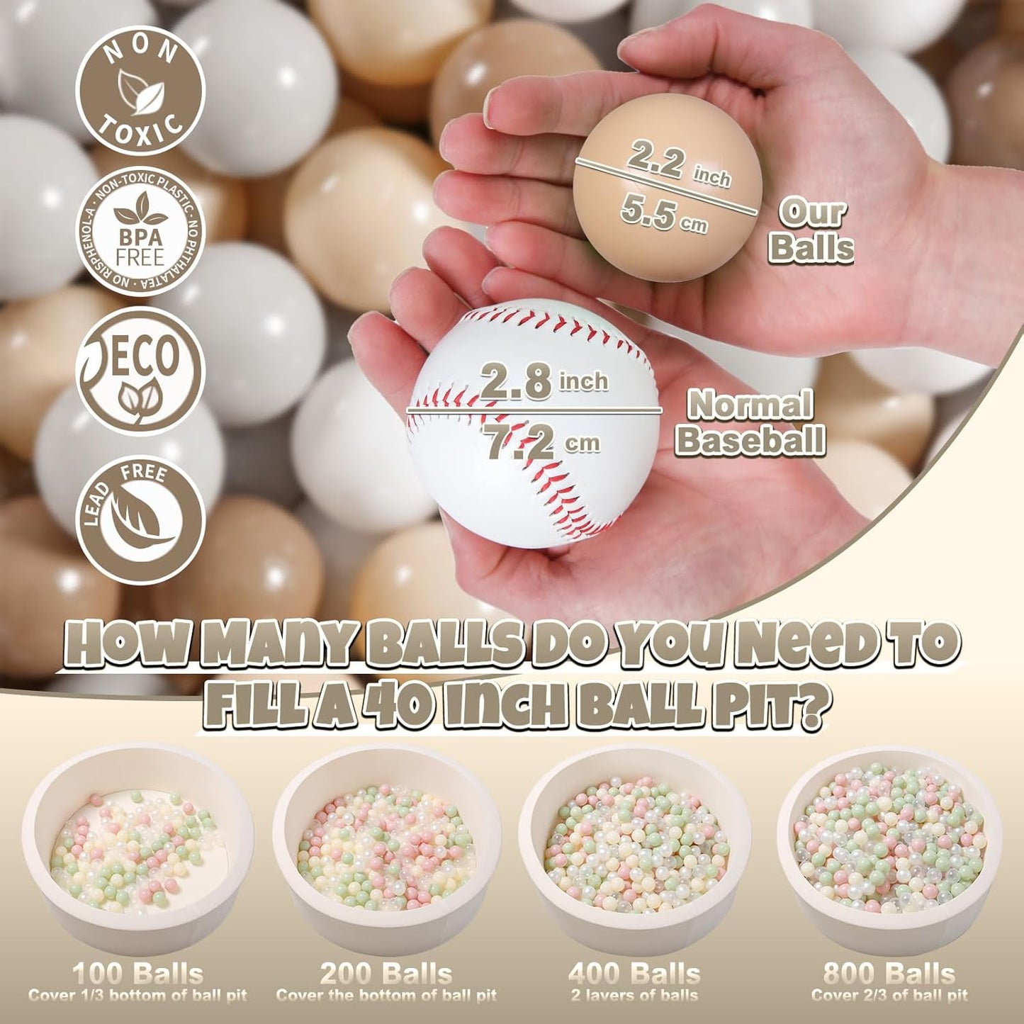 GOGOSO Balls for Ball Pit - Plastic Ball for Toddlers 1-3, Baby Kids Ball Pool Decoration 50 100 200 300 500 1000 (Grey+Coffee+ Beige+White, 1000 Balls)