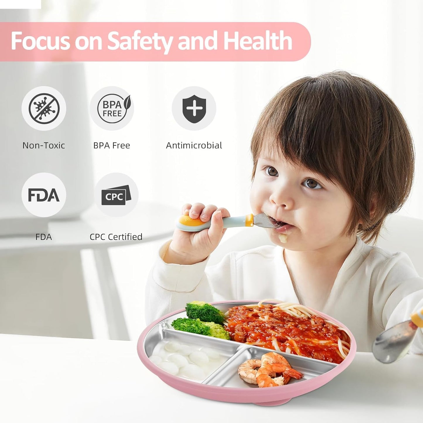 Stainless Steel Suction Plates for Toddlers, 9" Divided Kids Baby Plates with Removable Silicone Suction, Non Toxic Non Slip Portion Control Snack Dishes 4 Packs, Blue Green Gray Pink