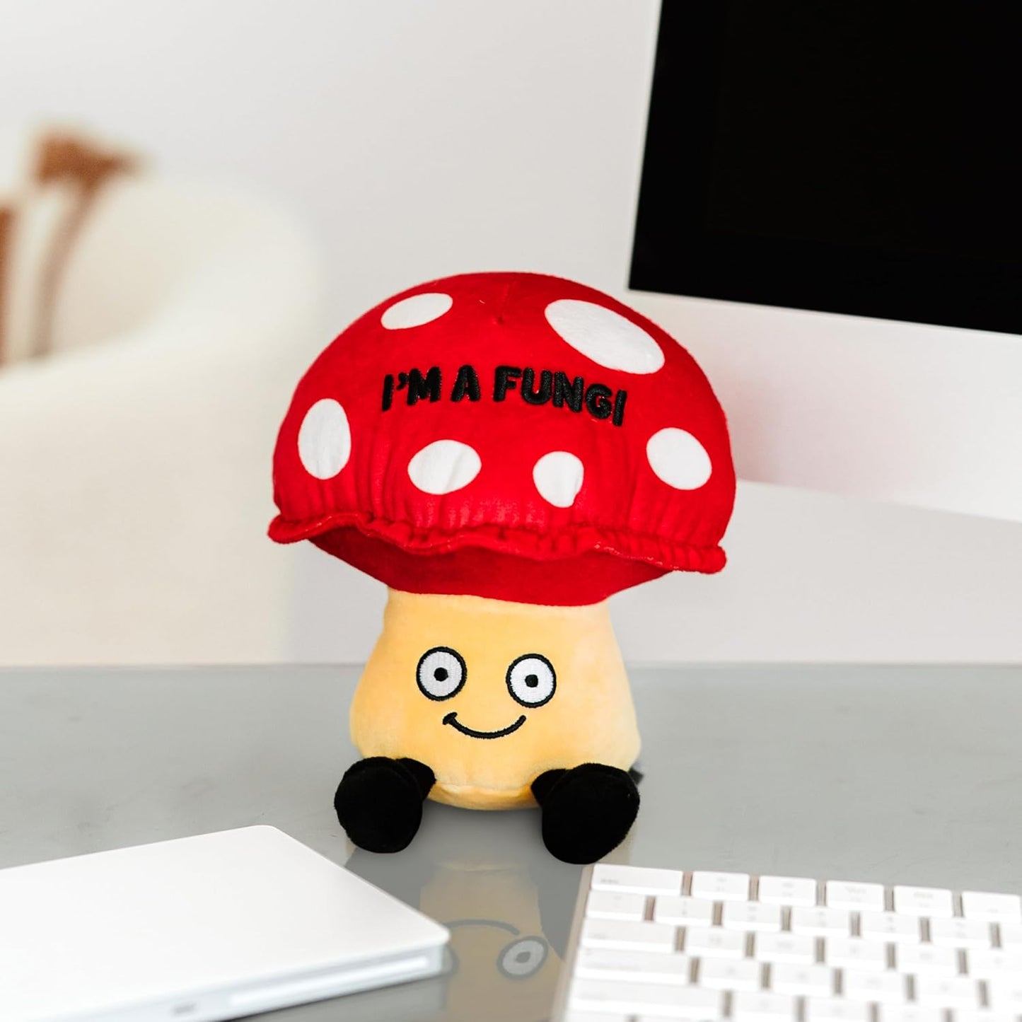 Mushroom Foodie Plushie, Funny Pun Meme Gag Gift, White Elephant, Stocking Stuffer Present, Great for Emotional Support, Fun Desk Accessory, Weighted Base for Display