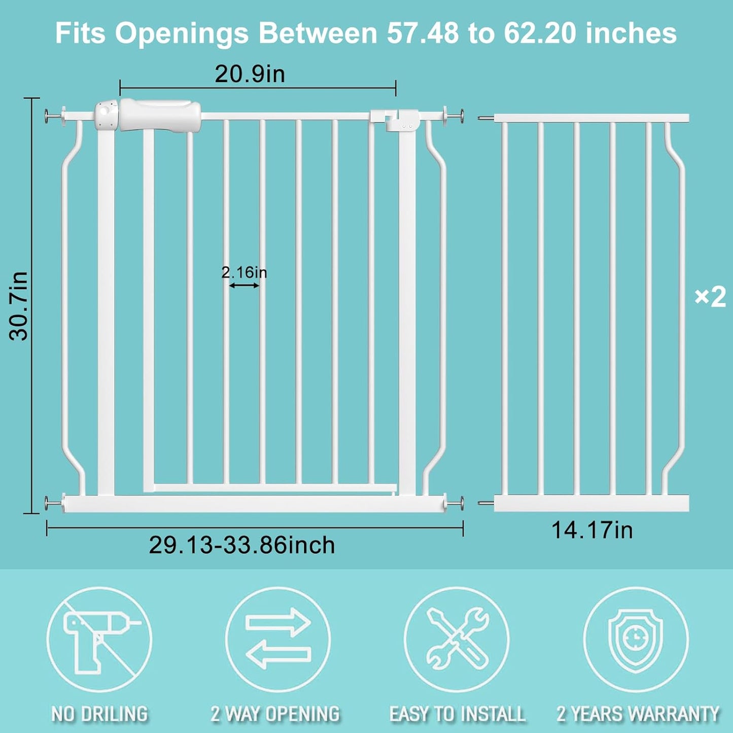 WAOWAO Baby Gate 57.48-62.17" Extra Wide Pressure Mounted Walk Through Swing Auto Close Safety White Metal Toddler Kids Child Dog Pet Puppy for Stairs,Doorways,Kitchen
