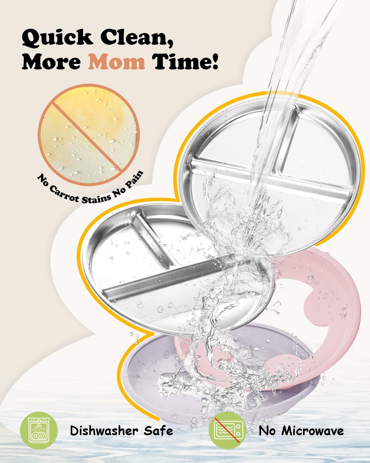 Stainless Steel Toddler Suction Plate with Lid, Deeper 9" Divided Plates with Removable Silicone Sleeves for Kids, Non Toxic & BPA Free | Unbreakable Baby Snack Dishes Set of 2, Pink & Lilac