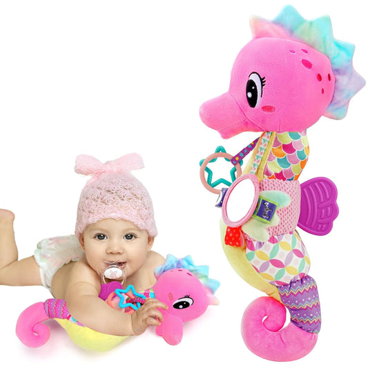 Baby Sensory Toys 0-6 3-6 Months Musical Stuffed Animal Plush Pink Seahorse for Infant 6-12 Month Tummy Time with Baby Mirror Newborn Crinkle Developmental Toy Girls Boys Birthday Gifts 0-3 4 5 Month