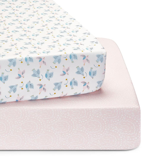 TILLYOU Baby Crib Sheets for Boys Girls, Super Soft Toddler Bed Sheets, 2 Pack Sheets for Standard Crib Mattress 28x52in, Lucky Pony Peace Dove and Big Pink Flower