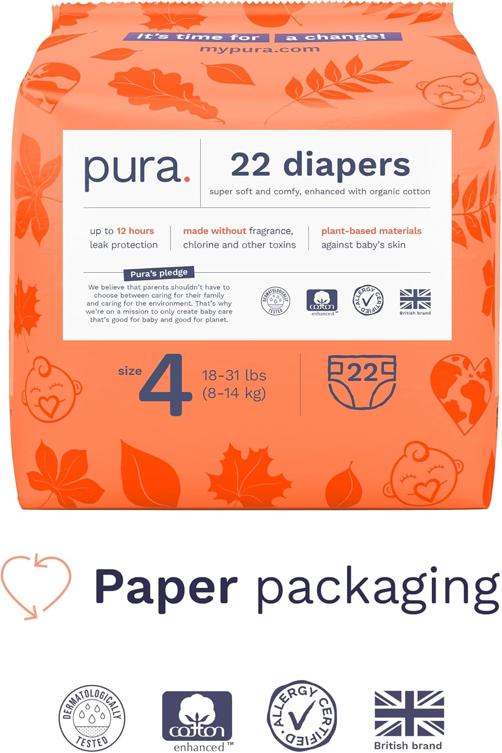 Pura Size 4 Eco-Friendly Diapers (18-31lbs) Totally Chlorine Free (TCF) Hypoallergenic, Soft Organic Cotton, Sustainable Comfort, up to 12 Hours Leak Protection, Allergy UK, 22 Diapers (Pack of 1)