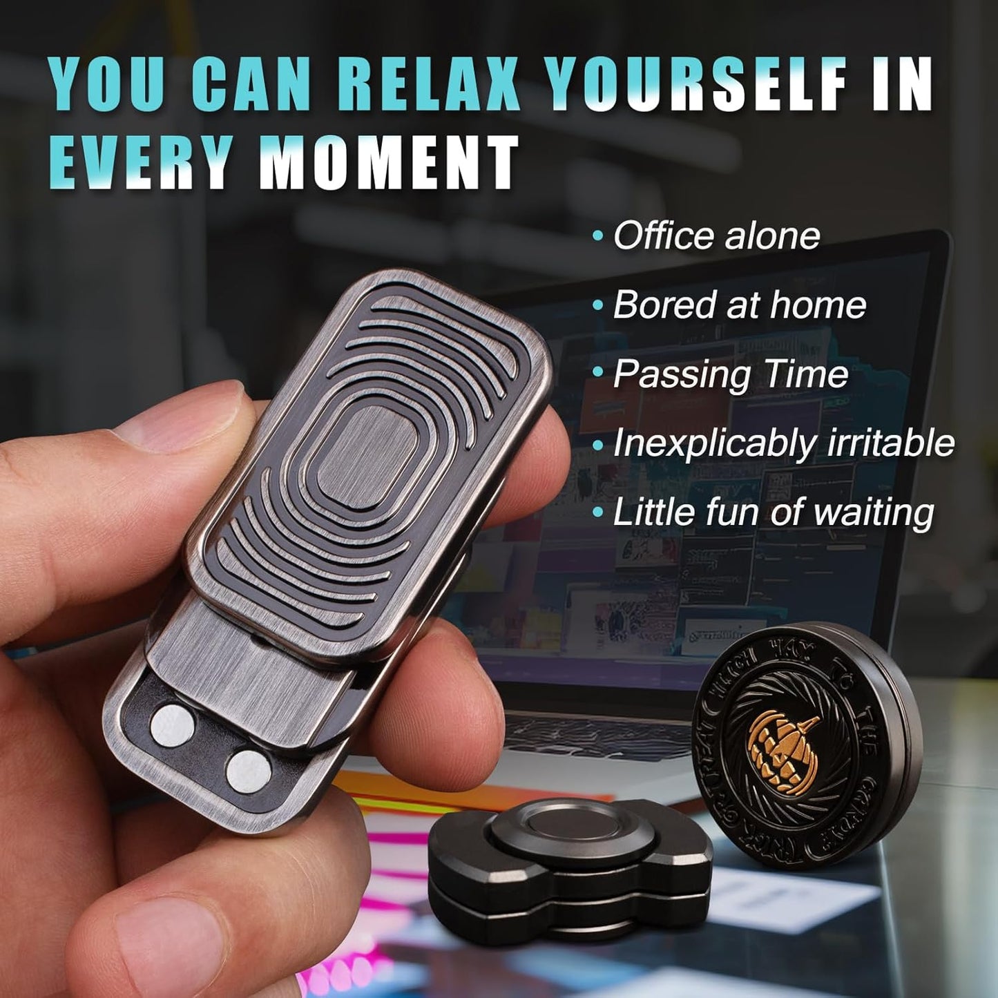 Fidget Toys Adults Pack, Metal Fidget Slider, Spinner and Haptic Coin, Decompression Metal EDC Cool Figette Toys for Adults Anxiety Relieve Stress, Greater Focus