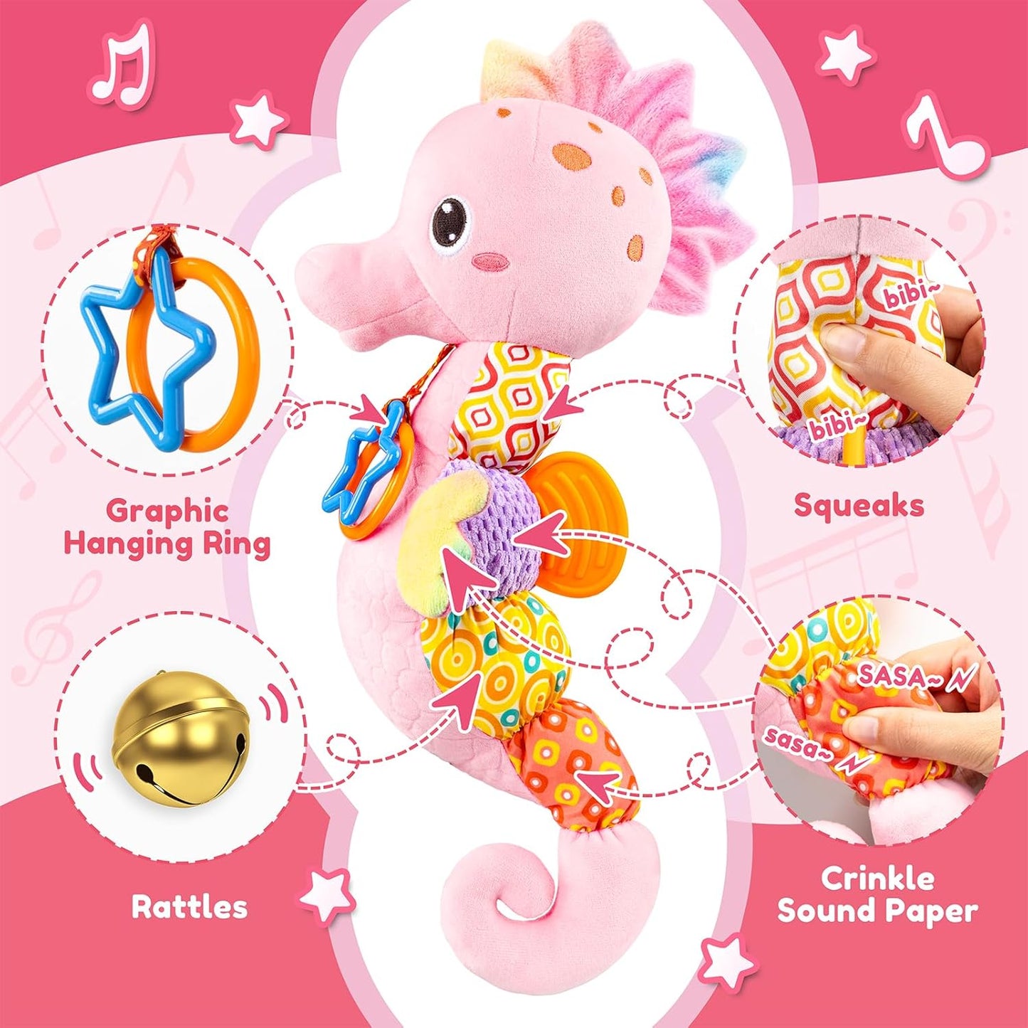 Baby Toys 0 to 12 Months, Musical Stuffed Animal Activity Soft Toys with Multi-Sensory Crinkle, Rattle and Textures,Infant Tummy Time Toys for Newborn Girls, Seahorse, Pink