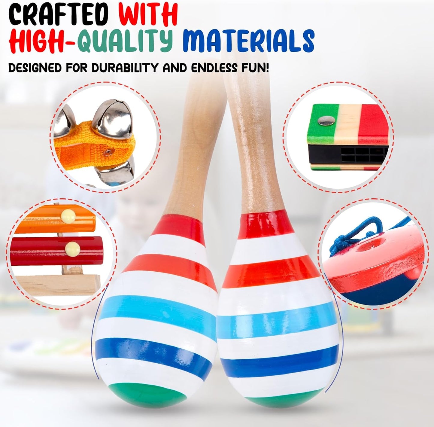 Stoie's Wooden Kids Musical Instruments for 1-5 Years Old, Baby Percussion Toys with Xylophone, Maracas, Tamburine, Durable, Safe to Play, Clear Loud Sound, Kid-Friendly Size, with a Storage Bag