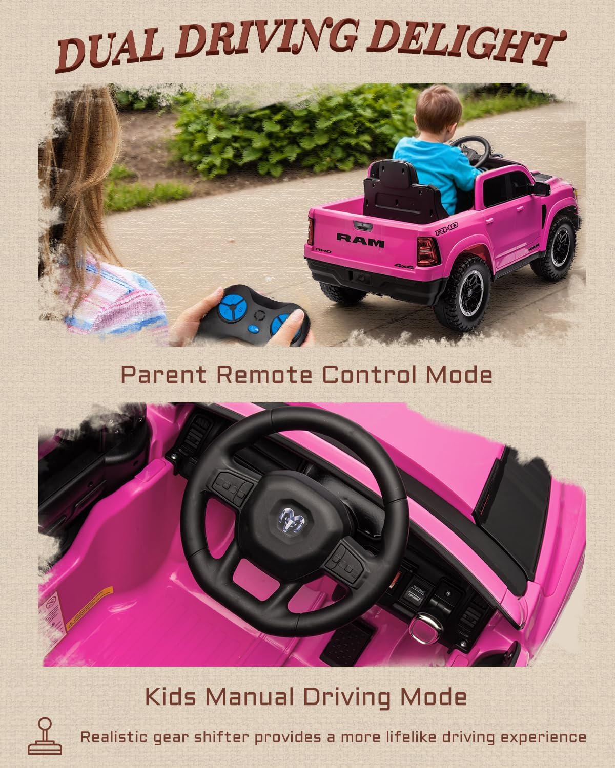 Licensed Ram 1500 12V Ride on Toys, Kids Ride on Car with Remote Control, Electric Vehicle for Toddler with Smooth Start, Pickup Truck Bed Storage, Spring Suspension, Aux Port (Pink)