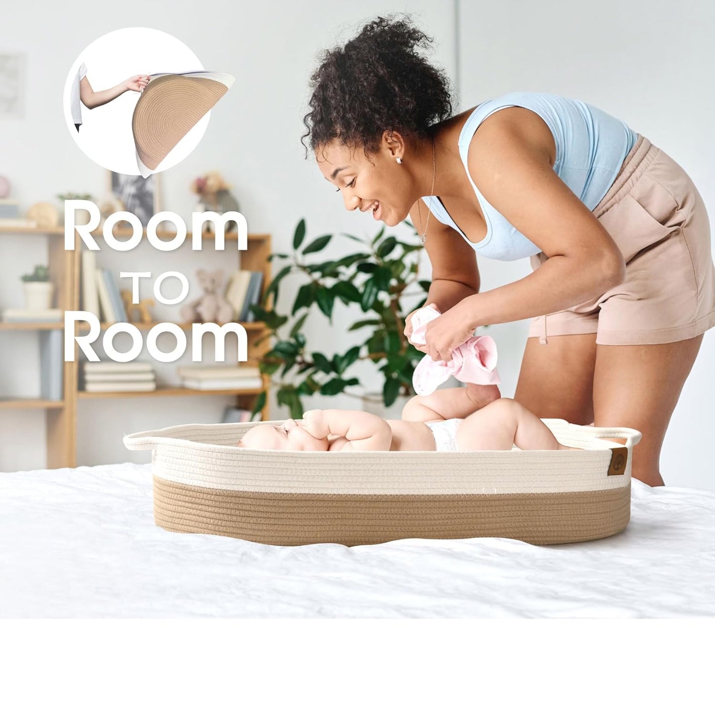 J&JOO Baby Changing Basket includes Diaper Caddy - Breathable & Waterproof Dual-Cover, Portable, Changing Pad for Dresser & Changing Table, Gift for Baby Shower (Brown & White, Diaper Caddy Set)