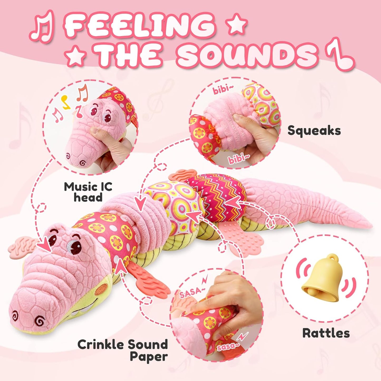 Baby Toys 0 to 12 Months, Musical Stuffed Animal Activity Soft Toys with Multi-Sensory Crinkle, Rattle and Textures,Infant Tummy Time Toys for Newborn Boys Girls, Crocodile, Pink