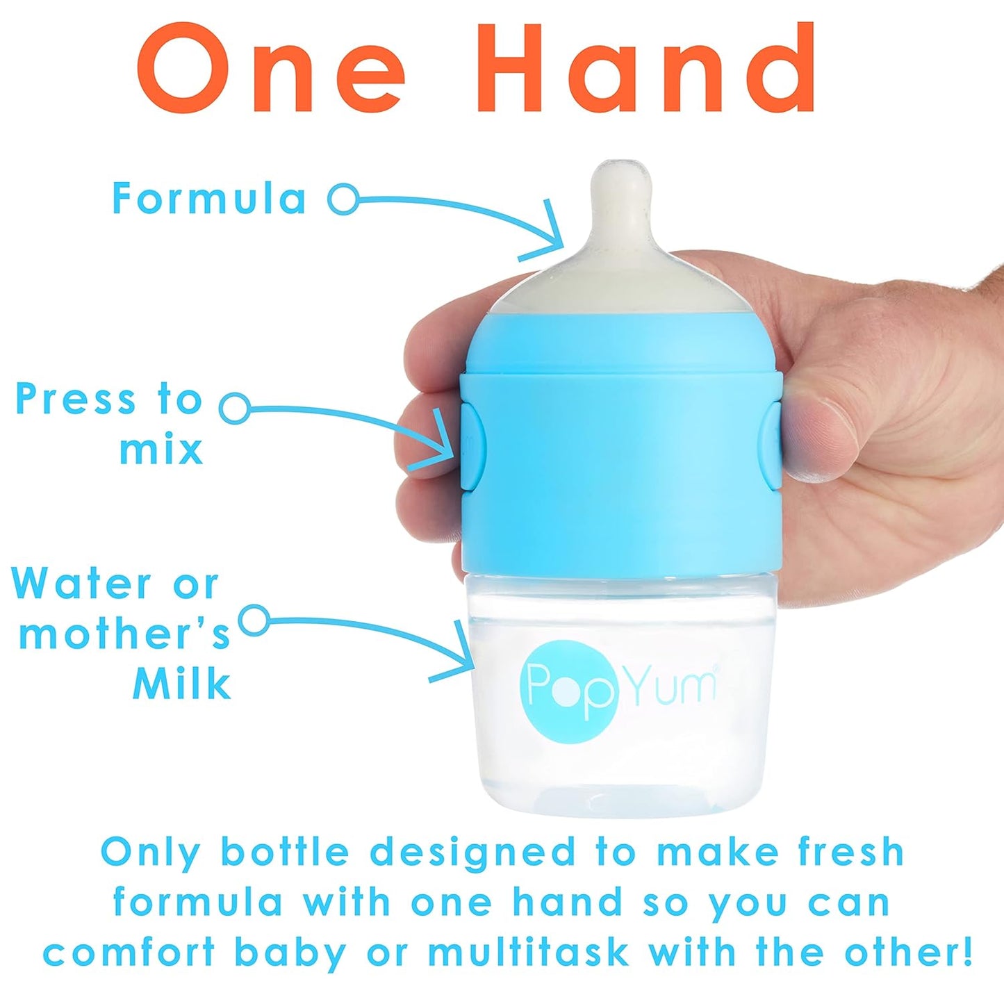 PopYum Blue Formula Making Baby Bottle Starter Set, 4-Pack, 2X 5oz Bottles with #1 Slow Flow Nipples + 2X 9oz Bottles with #2 Medium Flow Nipples, Mixing, Dispenser