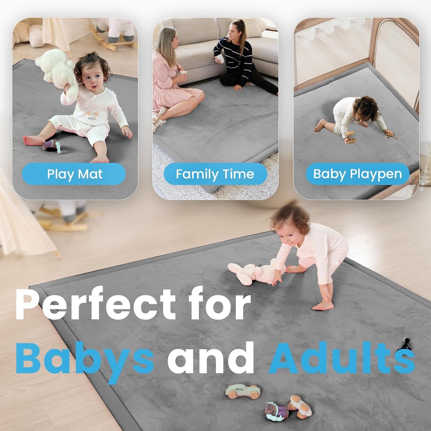 Ultra Soft Baby Play Mat,71"×79" Extra Large Activity Tummy Time Mat for Toddlers,Infants,Kids,1.3" Thick Elasti-Foam Nursery Rug for Floor,Non-Slip Safe for Crawling,Water-Repellent(Dark Grey)