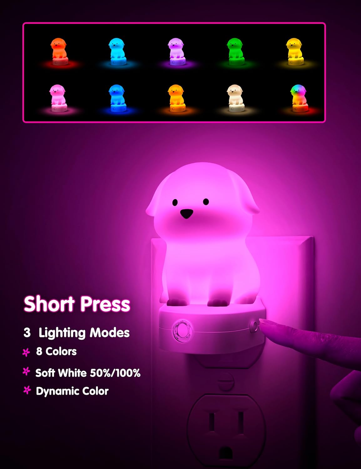 L LOHAS LED Plug in Night Light for Kids, 3D Cute Puppy Night Lights with Dusk to Dawn Sensor, RGB+Soft White 3000K Dog Night Light, Christmas Birthday Gift Nightlight for Kids, Room Decor
