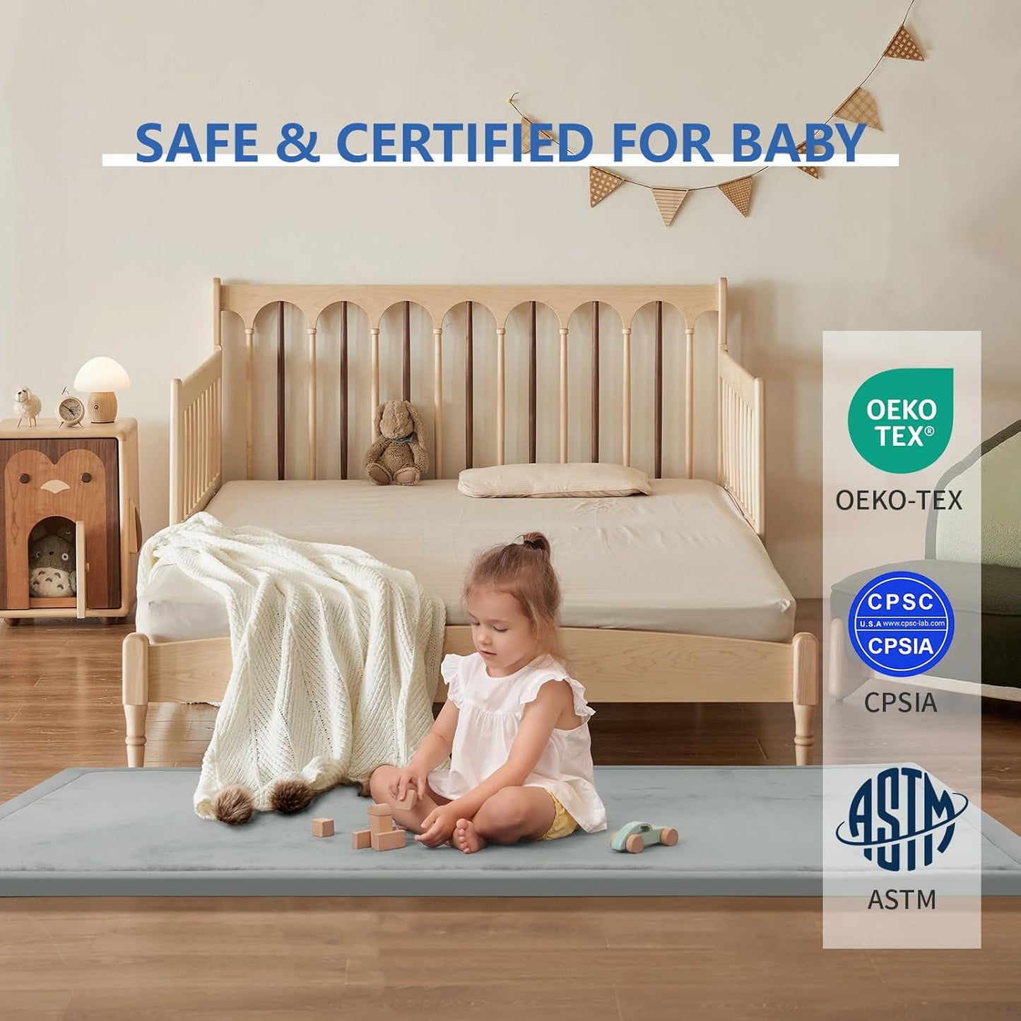 Play Mat for Babies Toddlers,1.3" Thick Elasti-Foam Anti-Fall Cushion Mat for kids Room,28×72 Bedroom Bedside Rugs,Water-Repellent Soft Coral Velvet,Non-Slip(Light Grey)