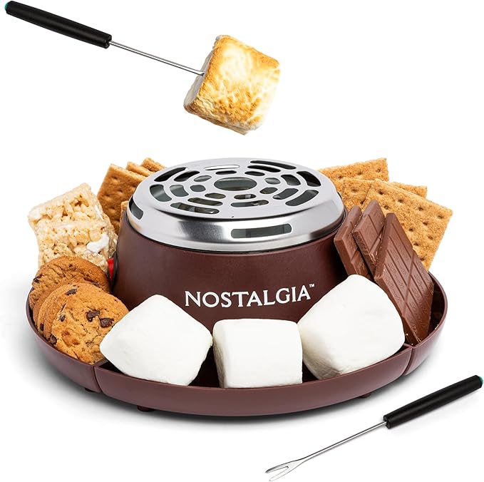 Nostalgia Tabletop Indoor Electric S'mores Maker - Smores Kit With Marshmallow Roasting Sticks and 4 Trays for Graham Crackers, Chocolate, and Marshmallows - Movie Night Supplies - Brown