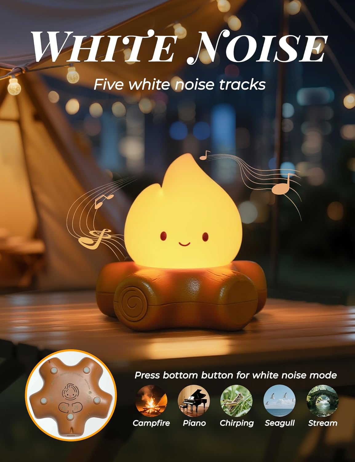 Cozy Campfire Nightlight with Soothing Nature Sounds, White Noise Night Light for Baby Adult, Rechargeable, Cute Flame Lamp, Best Gift for Kids Bedrooms Camping Trips