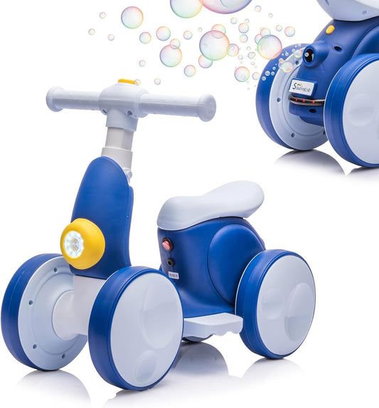 6V Electric Baby Balance Bike with Bubble Machine,4 in 1 Toddler Balance Bike w/Remote Control for 1 Year Old Boys Girls Kids Bubble Bike Ride on Toys w/Powered Motor,Music,LED Lights (Blue)