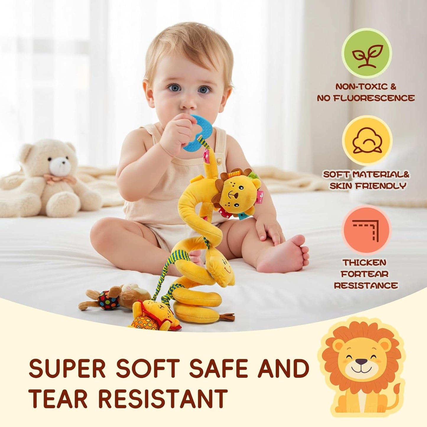 Jollybaby Crib Stroller Car Seat Toys for Baby 0-3-6-9-12 Months, Tummy Time Hanging Sensory Toys for Newborn with Music Box and Teether, Spiral Carseat Toy for Infant Boys Girls Gifts (Little Lion)