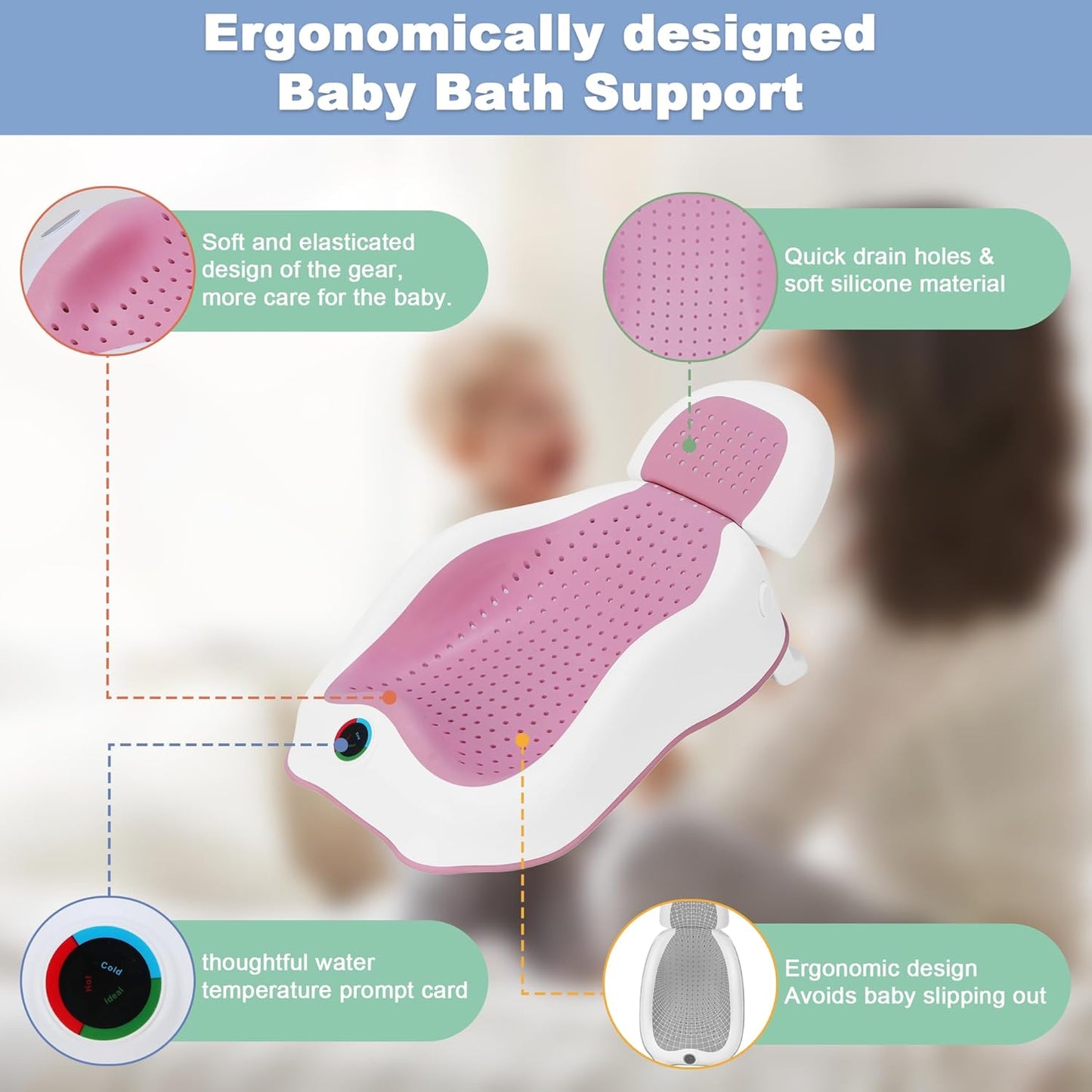 Baby Bath Support,Ideal for Babies Less Than 6 Months Old,with Thermometer-Adjustable Slope Newborn Bathtub, Baby tubs for Baby tubs for Newborn Essentials Must Haves (Pink)