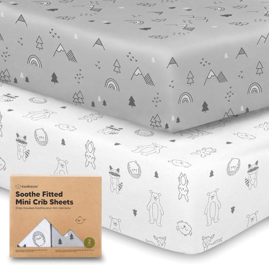 2-Pack Mini Crib Sheets Fitted - 38x26 Pack N Play Sheets for Pack and Play Mattress, Organic Cotton, Soft & Breathable Playard Bedding, Neutral Mini Toddler Bed Cover for Boys, Girls (Woodland)