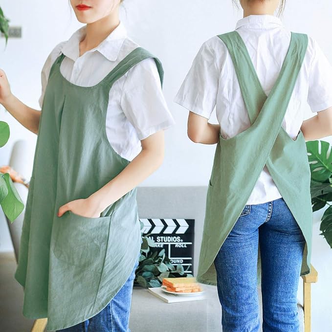 NEWGEM Japanese Linen Cross Back Cooking Aprons for Women Men with Pockets Cute for Baking Kitchen