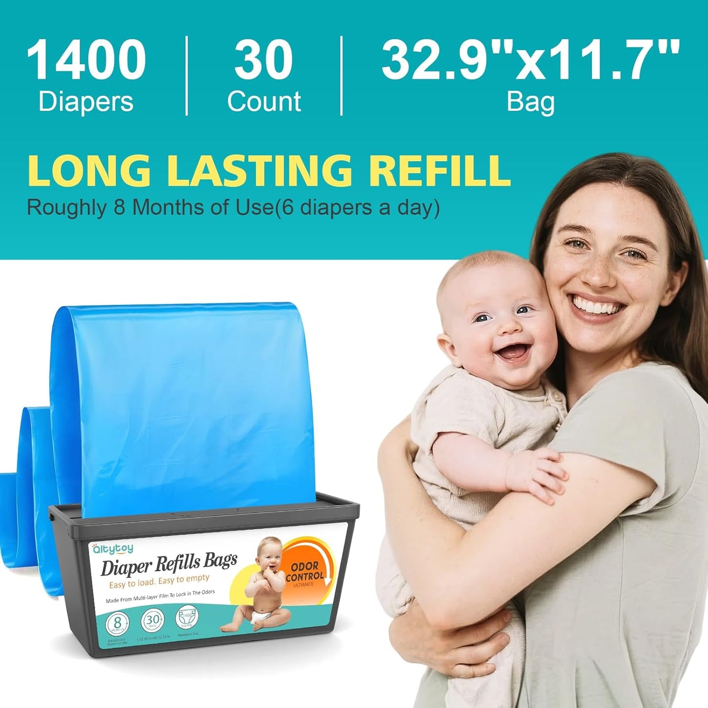 Refills Compatible with Diaper Genie Easy Roll Signature & Platinum Diaper Pail,1-Pack (30 Bags) for 1400 Newborn Diapers,7-Layer Powerful Odor Control.Extra Thickness,Durable & No Tear