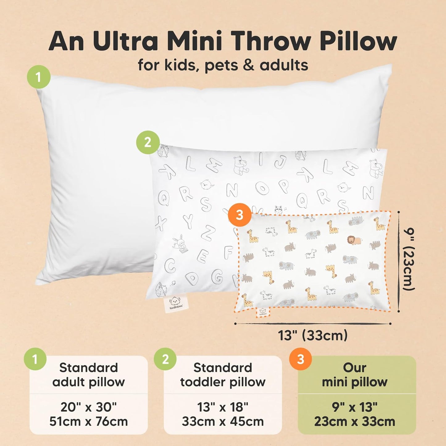 Mini Toddler Pillow with Pillowcase - 9x13 My Little Dreamy Travel Kids Pillow for Sleeping, Toddler Bed, Small, Tiny, Organic Cotton Pillowcase, Soft & Breathable, Kids 2-4 Years Old(Safari Echo)