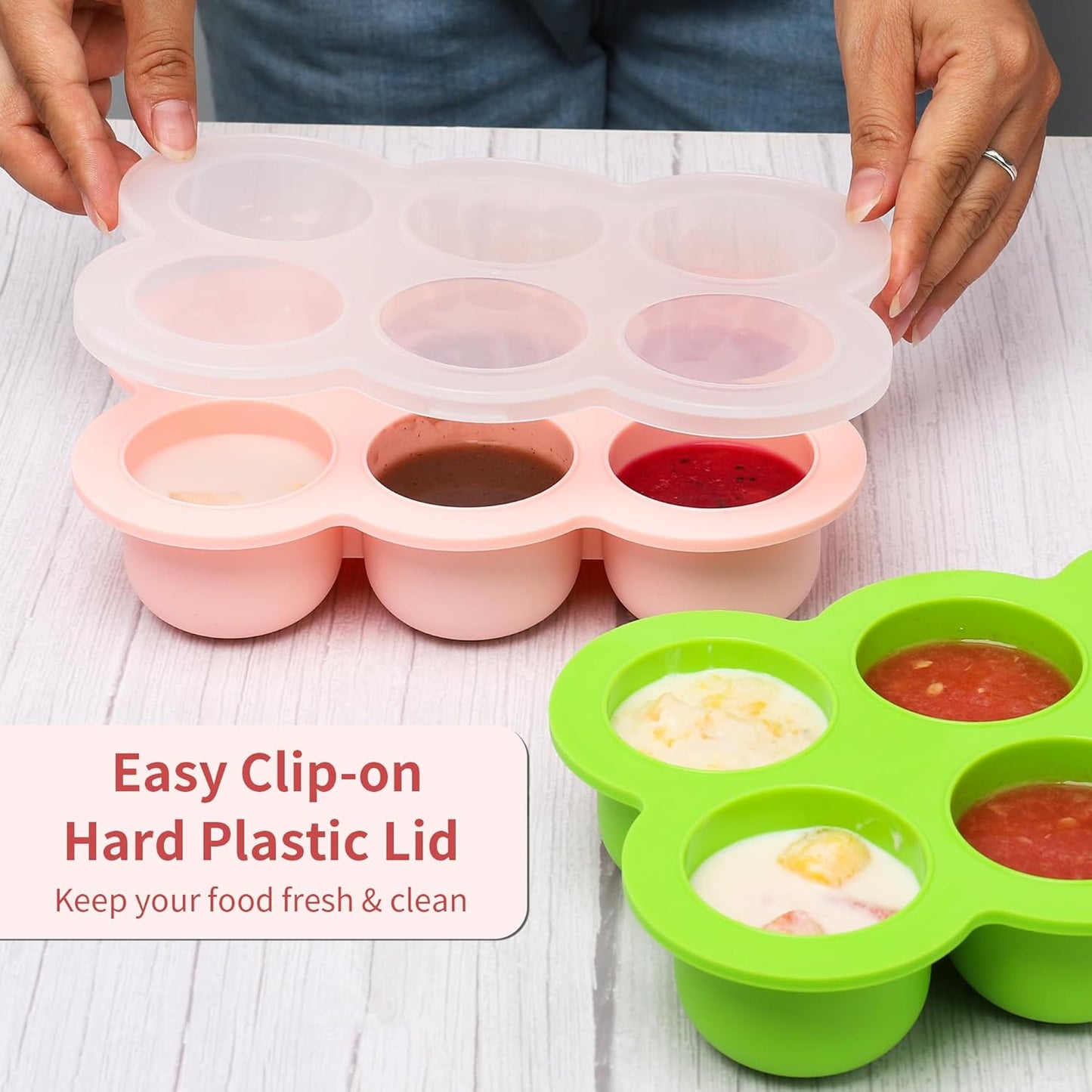 Baby Silicone Freezer Tray with Clip on Lid, 6 x 3 OZ Baby Silicone Freezer Molds, Silicone Storage Container for Homemade Baby Food, Fruit Purees & Vegetables (Gossamer Pink)