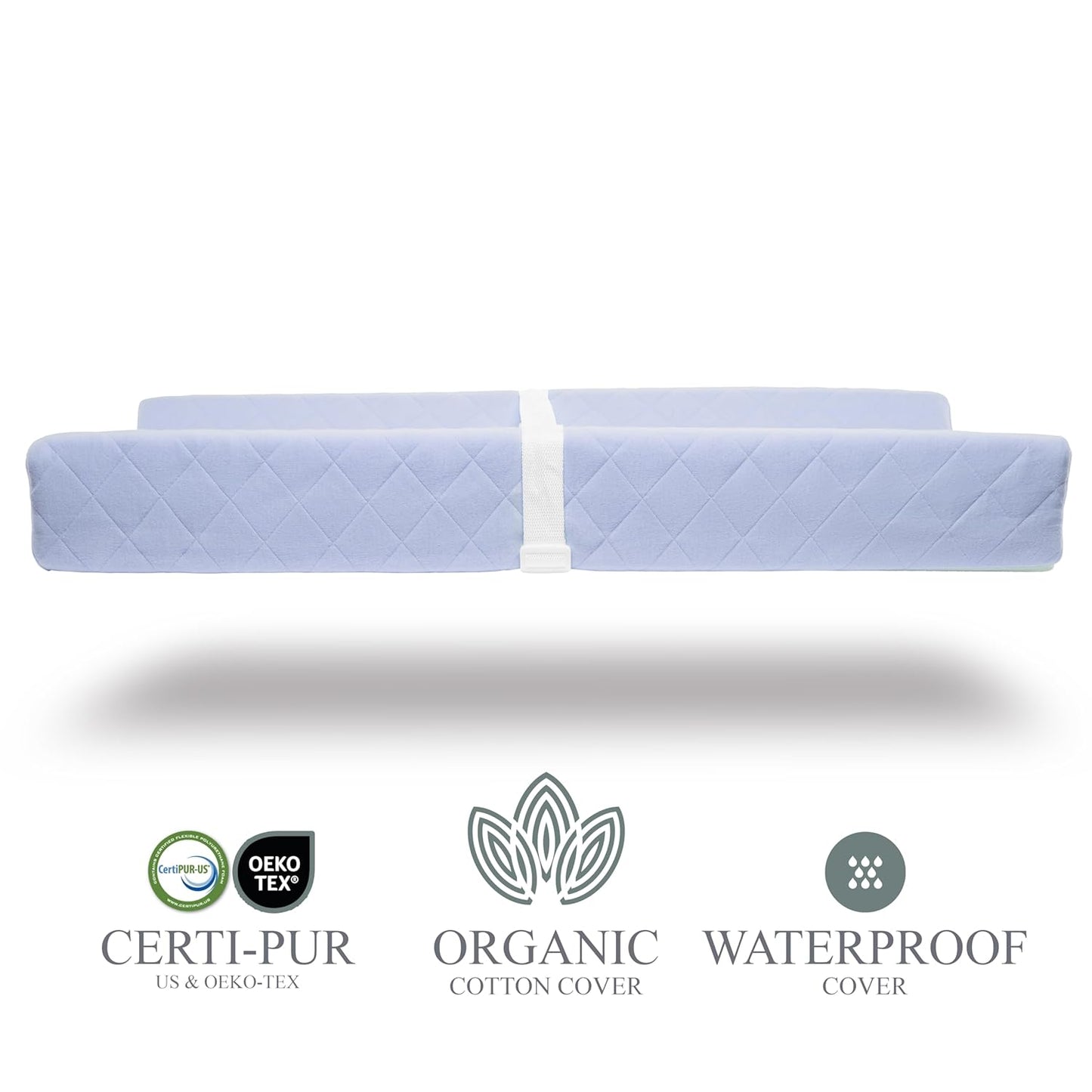 Organic Cotton Contoured Baby Changing Pad w/Waterproof Foam Mattress, Includes Soft, Removable & Washable Cover, Safety Strap, Non-Slip Bottom, Topper for Standard Size Infant Diaper Table & Dresser