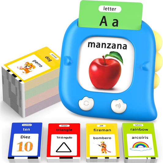 Kidzdo 520 Bilingual Spanish English Talking Flash Cards, Christmas Birthday Gifts for 2 3 4 5 6 Year Old Boys, Montessori Pocket Speech Therapy Toys, Portable Toddlers Toys for Ages 2-6 Kids, Blue