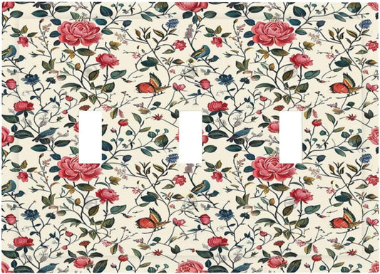 Decorative Switch Plates Vintage Flowers Rose Leaf Bird Butterfly 3 Gang Wall Plate Triple Toggle Light Switch Cover Faceplate Electrical Wall Panels for Bedroom living Room Decor