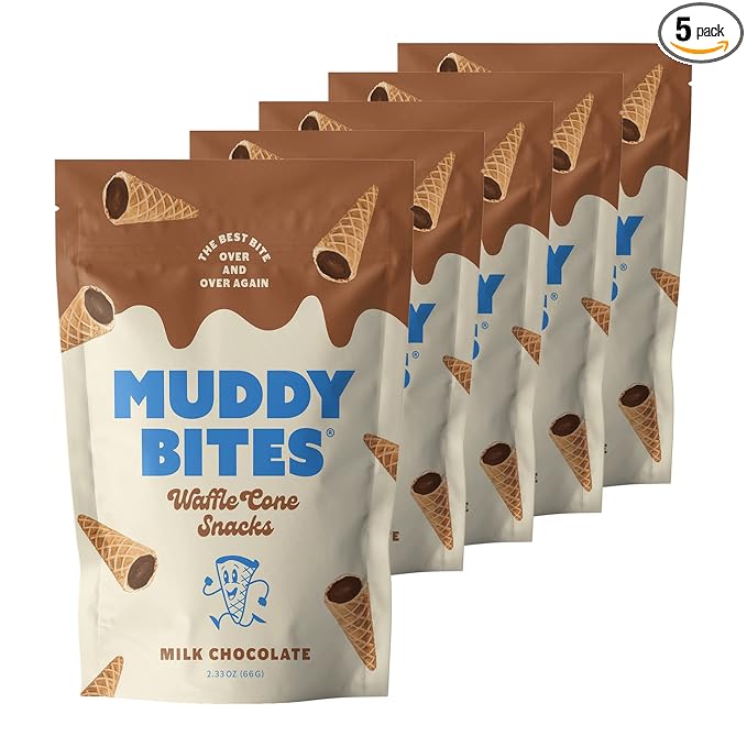 Muddy Bites Waffle Cone Snacks Bite Sized Chocolate Filled Waffle Cones for Snack or Dessert, Ice Cream Topping, Premium Chocolate made with Pure Cane Sugar, Kosher (Milk Chocolate, 5 Bags)