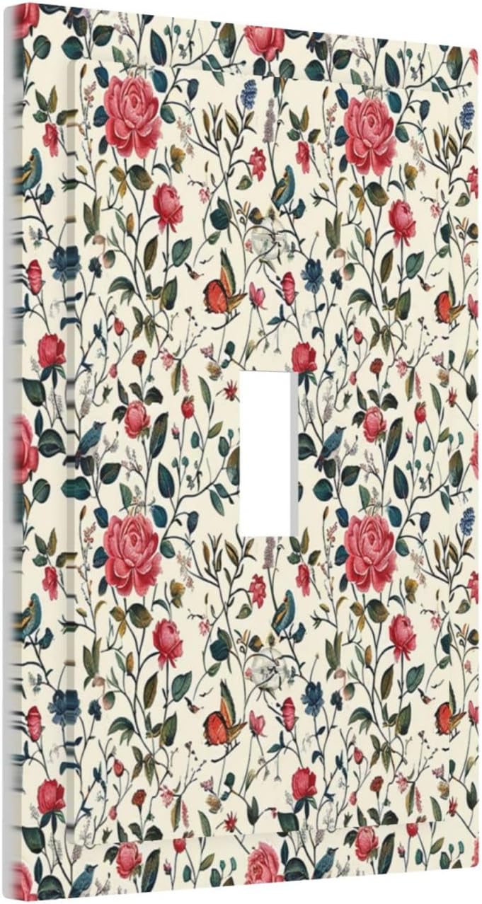 Decorative Light Switch Cover Vintage Flowers Rose Leaf Bird Butterfly 1 Gang Single Toggle Device Electrical Faceplate Switchplates Decorator Outlet Wall Plate for Bedroom living Room Decor