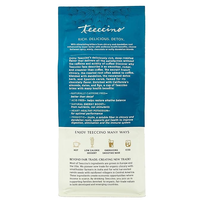 Teeccino Dandelion Blueberry Vanilla Chicory Coffee Alternative - Ground Herbal Coffee That’s Prebiotic, Caffeine Free & Acid Free, Medium Roast, 10 Ounce