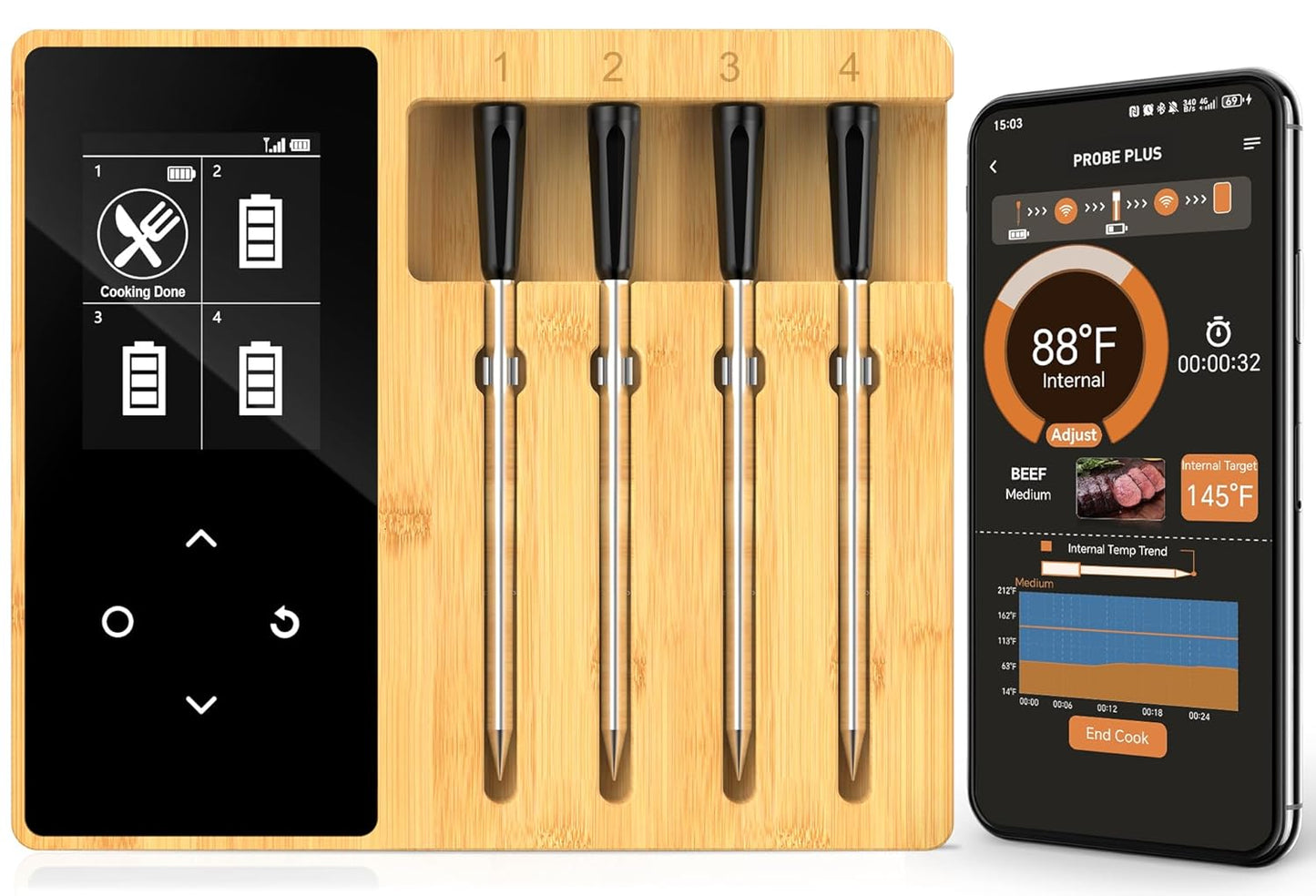 Accurate Smart Wireless Meat Thermometer - 4 Probes, Long Range Bluetooth, Real-time Alerts, Dishwasher Clean, Waterproof, Digital Cooking Thermometer for Grill, BBQ, Oven, Smoker