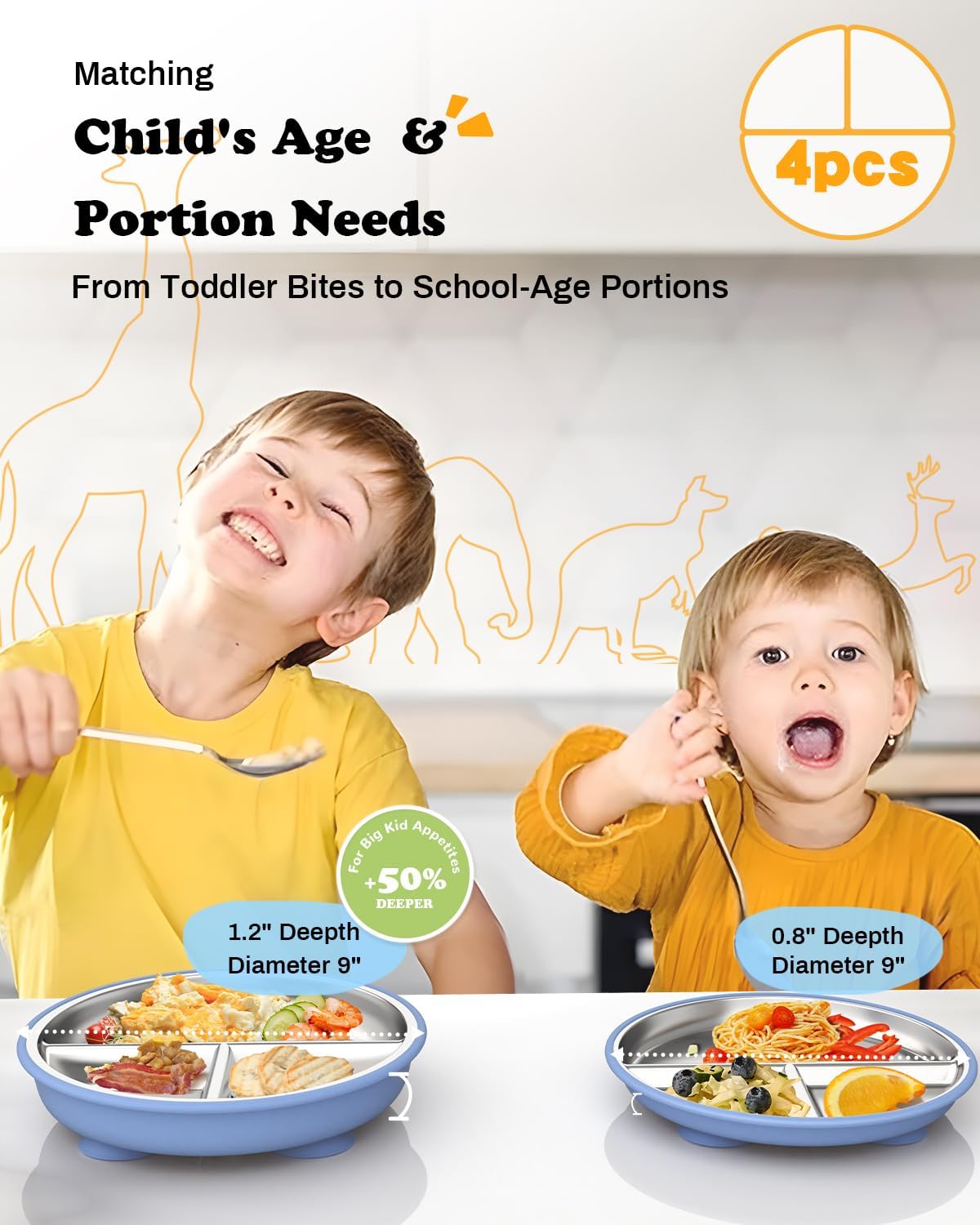 Stainless Steel Toddler Suction Plate with Lid, Deepened 9" Divided Plates with Removable Silicone Sleeves for Kids, Non Toxic Unbreakable Snack Dishes Set of 4, Sage Blue Gray Navy