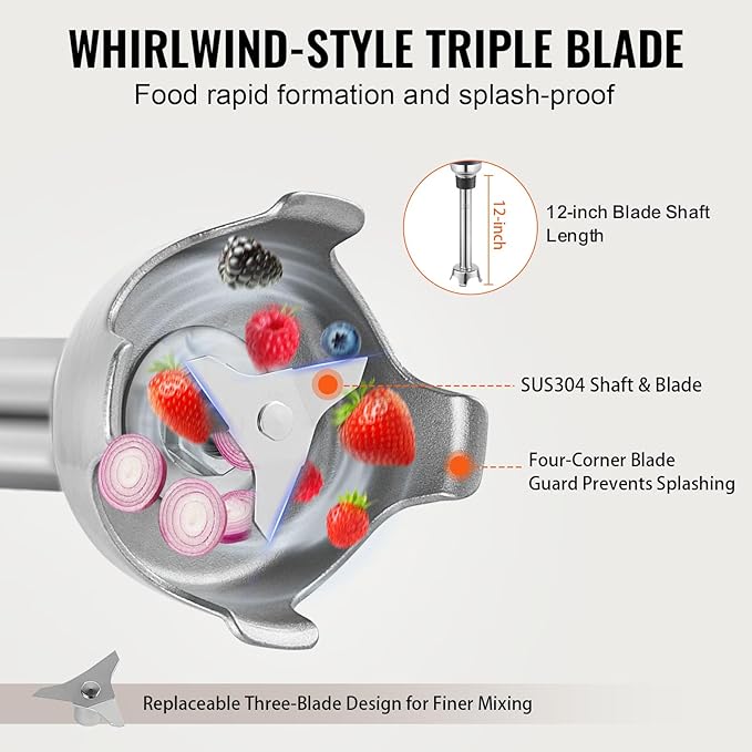 VEVOR Commercial Immersion Blender, 350W Heavy Duty Hand Mixer, 12 inch Stepless Variable Speed Mixer with Stainless Steel Blade, Multi-Purpose Portable Mixer for Soup, Sauces, Mashed Potatoes, Cream