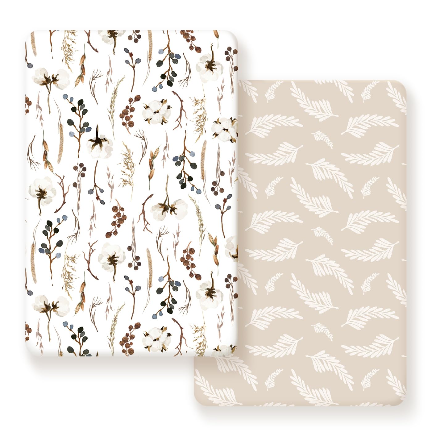 GRSSDER Stretchy Ultra Soft Jersey Knit Fitted Pack n Play Sheets Set 2 Pack, Neutral Portable/Mini Cribs Sheets, Fit Playards Mattress Pads Safe and Snug, Stylish Pretty Flora for Baby, Beige